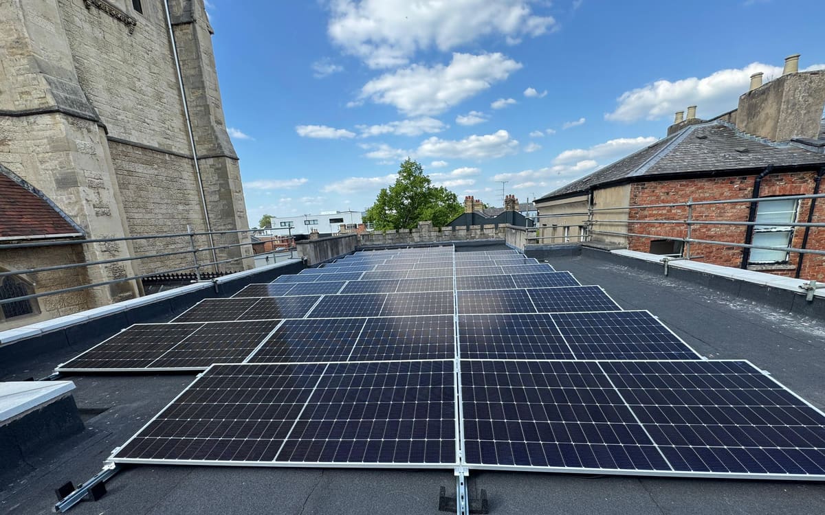 Solar panels on the flat roof of the Church of St Gregory the Great, Cheltenham