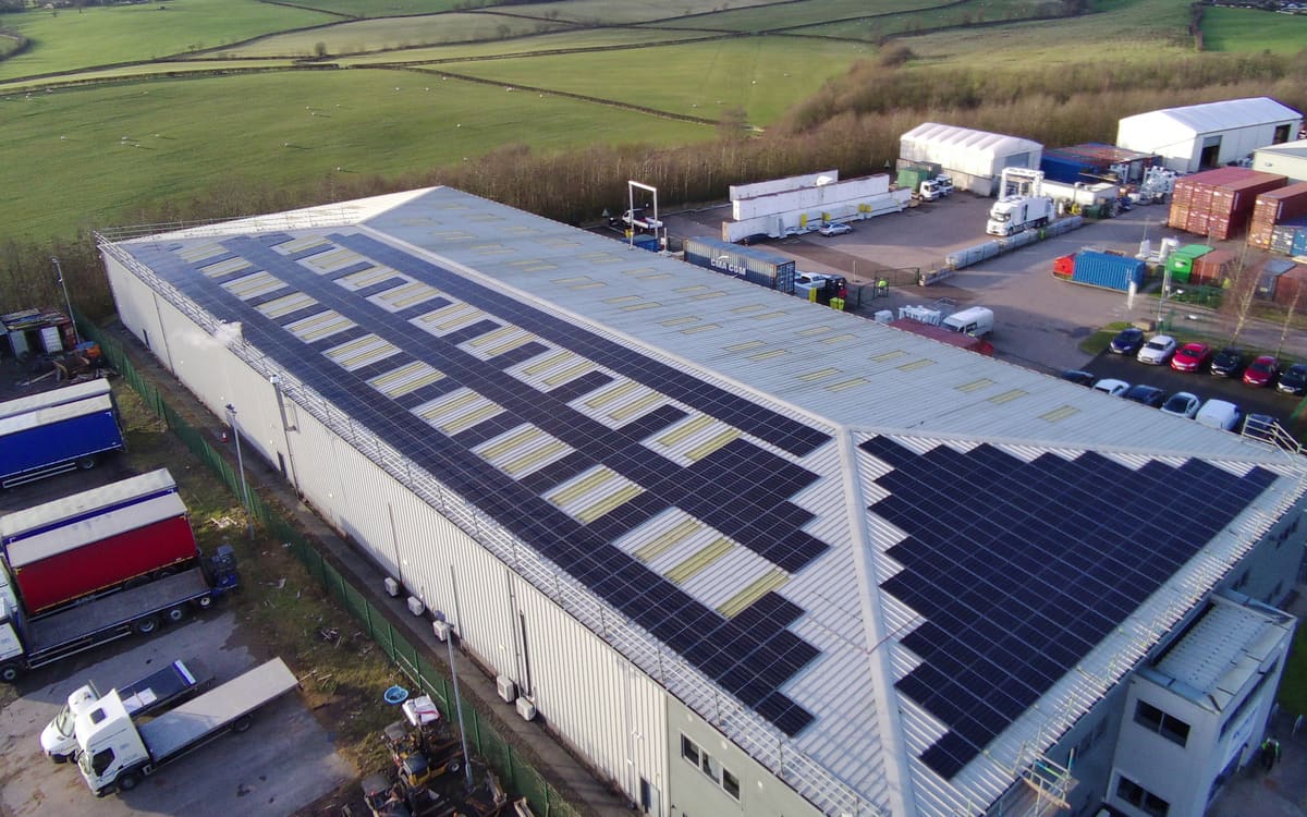 Aerial view of the Rapiscan Systems Stoke rooftop solar installation
